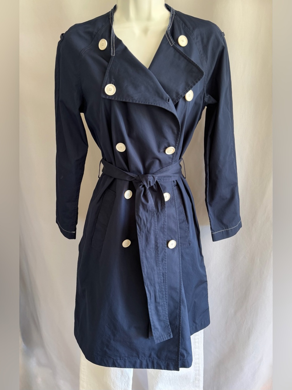 Theory Waleria Vendome Trench Coat Navy Double-Breasted Belted Cotton Size Small